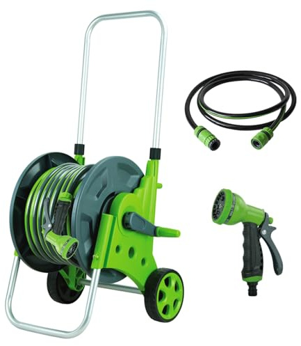 BIRCHTREE Garden Hose Reel Cart with 6 Function Spray Nozzle, Freestanding Wheeled Hose Pipe Reel Trolley, 30M Garden Watering Hose Outdoor Use