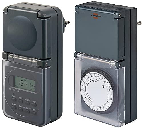 Brennenstuhl Digitale Wochenzeitschaltuhr IP44, Digitale Timer-Steckdose (Wochen-Zeitschaltuhr für den Außenbereich), Anthrazit & Zeitschaltuhr MZ 44, mechanische Timer-Steckdose, schwarz