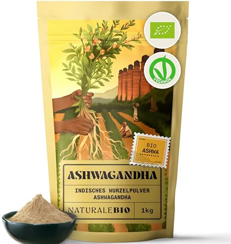 NaturaleBio Ashwagandha Biologica in Polvere 1kg. Ginseng Indiano. 100% Naturale e Pura, Prodotto in India dalla Radice di Withania somnifera Bio