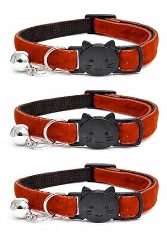 Velvet Cat Collars with Bell. Safe Breakaway Quick Release Buckle. Available in Cat & Kitten Size (Pack of 3) (Kitten Collar (15cm - 23cm), Rusty Red Velvet (Pack of 3))