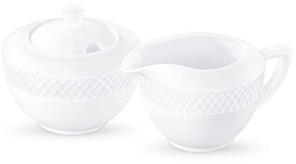 Wilmax | Azucarero + Juego de jarra de leche | 2 piezas | Recipiente para leche y azúcar de porcelana | Blanco | Dispensador de azúcar con tapa | Apto para lavavajillas | Servicio de café para leche,