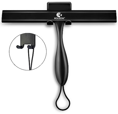 ROLIZOE Duschabzieher Silikon mit Halterung 27.9cm, Ergonomie Anti-Rost Silikon Abzieher Dusche mit Edelstahlrahmen für Duschtür, Spiegel und Fensterreinigung-Duschabzieher Schwarz