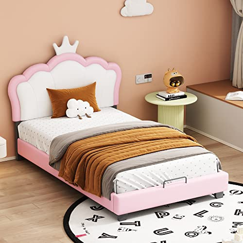Kinderbett Polsterbett 90x200cm Mit Lattenrosten und Rückenlehne, Mädchenbett Mit Kronenformung, Rosa (90x200cm)