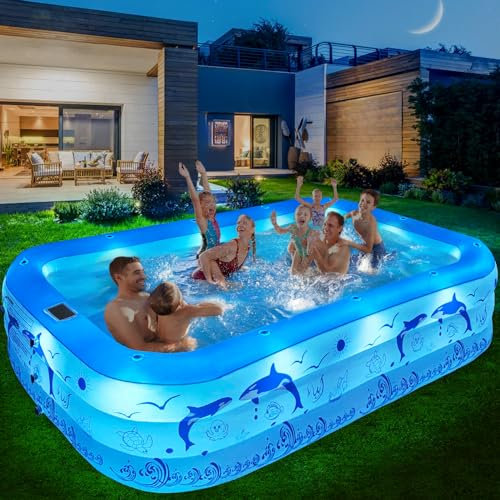 LanBlu Piscina Gonfiabile Adulti con Luci, Solare Piscina Gonfiabile Famiglie con 12 Modalità Illuminazione, 240X150X55CM Grande Piscina Gonfiabile Rettangolare,Piscina Fuori Terra Gonfiabile Giardino