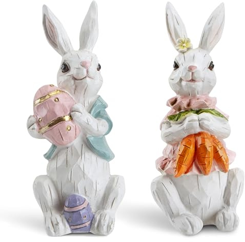 masteymoh Easter Bunny Statue Set of 2, Easter Bunny Figurine for Party Decor 7.3 inch, Resin Rabbit Statue Set, Rabbit Ornament, Decor, Carrot Bunny Figurine for Easter (2 in Cream)