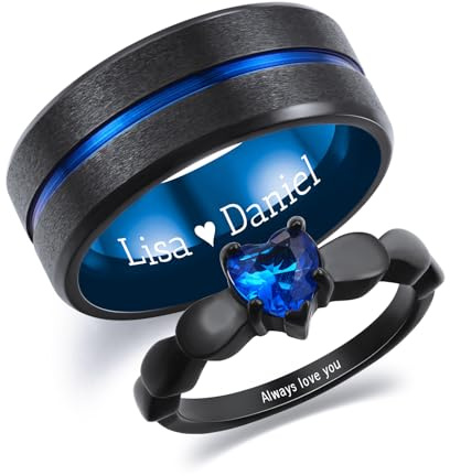 INBLUE Personalisierte Versprechen Ringe für Paare Gravierte Text Ringe mit Herz Edelstein Edelstahl Passende Paar Ringe für Sie und Ihn auf Verlobung Hochzeit - Set Stil 2