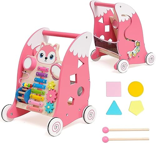 Wooden Baby Walker, Sit-to-Stand Learning Baby Walkers with Xylophone, Gears, Puzzles for Toddlers, Multiple Activity Center, Early Educational Gifts for Babies, Pink
