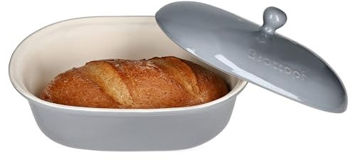 MamboCat Oskar Brottopf in Grau I (LxB) 37,5x26cm I Brotkasten mit Deckel aus weißem Ton für Ihre Küche I stilvolle ovale Aufbewahrungsbox I Ideal für die Lange Lagerung
