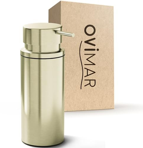 Ovimar Distributeur de Savon Solastranden | Or | Acier Inoxydable | Autonome sans perçage | Facile à remplir avec Une très Grande Ouverture | pour la Salle de Bain ou la Cuisine