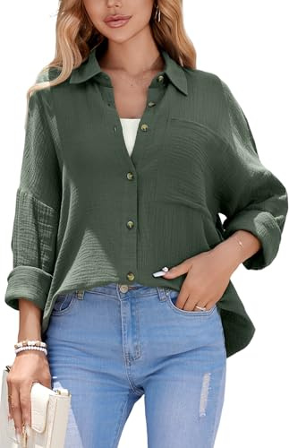 Stamain Damblus, överdimensionerad muslinblus, dam med 100 % bomull, V-ringad, avslappnad, enfärgad, skjortblus, damer, långärmad för leggings, toppar, blus för kvinnor, S–2XL, Armégrön, XL