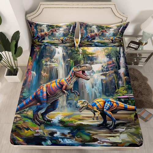 Dinosour Kids Fitted Sheet Full Size,Pine Trees Mountain Waterfall Bedding Set,Boys Girls Room Decor,3D Dino Ancient Wildlife Jungle Animals Bed Cover,Green Bed Sheet,2 Pillowcases