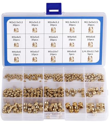 Gewindeeinsatz, Set mit 300 Einpressmuttern, PP Box, mit Etikett. M2 M2,5 M3 M4 M5 M6 Messing Gewindeeinsätze, gerändeltes Einschmelzgewinde, geeignet für Kunststoffteile im Gewindeeinsatz 3D Druck