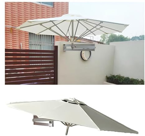 Sombrilla Exterior De Pared De 220/250 Cm, Sombrilla De Jardín De Pared Exterior Con Poste Ajustable, Plegable Parasol Terraza Con 8 Varillas, Protección Ultravioleta(White,220cm)
