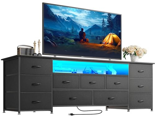 Huuger Large TV Stand for 65, 70 Inch TV, 11 Drawer Long Dresser with Power Outlets and LED Lights, Entertainment Center with Storage, Black Dresser with PU Leather Surface, 13 D x 63 W x 26.8 H