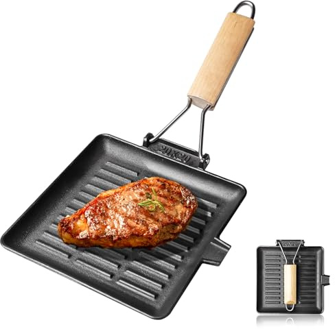 Sartén para carne de hierro fundido, 20 x 20 cm, parrilla de inducción con mango de madera plegable, plancha cuadrada para todo tipo de cocinas, resistente sartén para carne, verduras y pescado, fácil