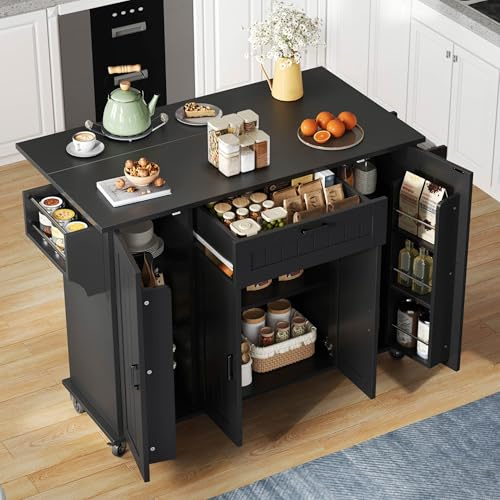 Bladez Moderna isla de cocina con encimera plegable de 120 cm, carrito de cocina con ruedas con 4 puertas y cajón, estante para especias, toallero, armario de cocina móvil de MDF, color negro