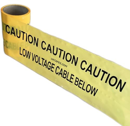 CAUTION LOW VOLTAGE CABLE BELOW Underground Warning Tape from UK Tapes Ltd | 250M Roll | UKT05LV | High-visibility, Non-adhesive Yellow Marker TRENCHTAPE | 40 Year Life, Lead-Free & PVC-Free