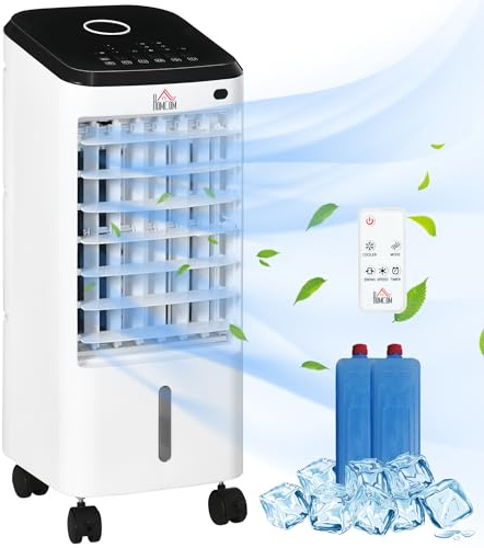 HOMCOM Condizionatore Portatile 3 in 1, Ventilatore, Umidificatore con Ghiaccio e Deumidificatore, 3 Velocità, 3 Modalità e Telecomando, Timer 12 Ore, 65W in ABS, 24.5x27x60 cm, Bianco