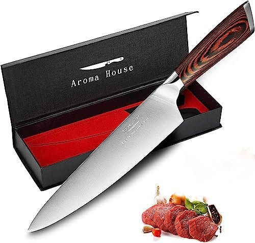 Aroma House Kochmesser Küchenmesser Chefmesser 20 cm (8 Zoll) Deutscher Edelstahl Japanisch Profi Köche Messer mit Ergonomischem Griff, Messerschärfer und Geschenkbox