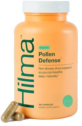 Hilma Natural Sinus Support, All Day Allergy and Sinus Relief from Pollen and Dust w/Butterbur, Stinging Nettles and Spirulina, Non-Drowsy, Organic, Clinically Proven Ingredients, 120 Vegan Capsules