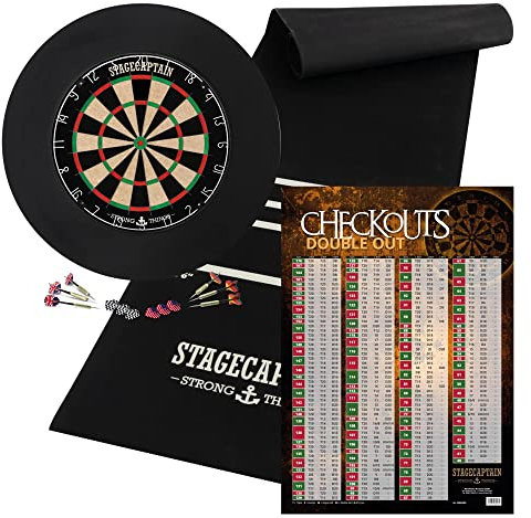 Stagecaptain DBS-1715 Bullseye Pro darttavla Home Set – av sisal – tunn trådspindel – diameter: 45 cm – inkl. 6 stålarts och 12 flygningar – inklusive checkout-affisch, catchring och matta