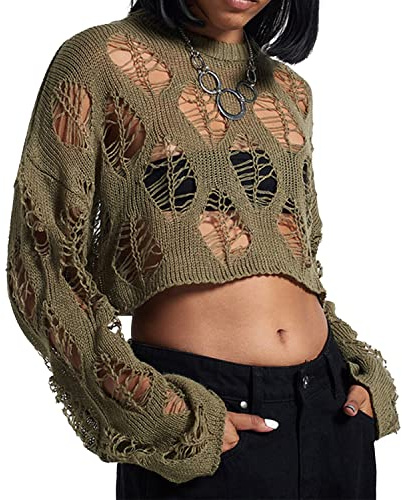 Ypser Suéter de ganchillo Y2K para mujer, suéter hueco de manga larga, bolero de punto, camisas de punto ropa de calle, Ejercito Verde, S-M