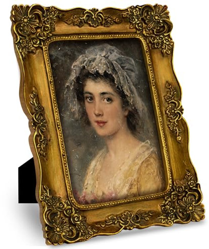 FJXMFRAME Portarretratos dorado vintage victoriano de 4 x 6 pulgadas, diseño barroco antiguo, para pared o mesa, color bronce pequeño con parte delantera de cristal