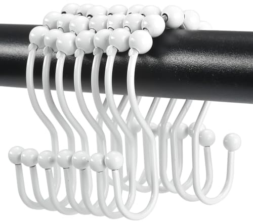 Shower Curtain Hooks, OEH Shower Curtain Rings, White Shower Curtain Hooks Rust Proof, Smooth Gliding Metal Shower Curtain Rings Rust Proof, Double Shower Rings for Curtain, 12 Pcs, White