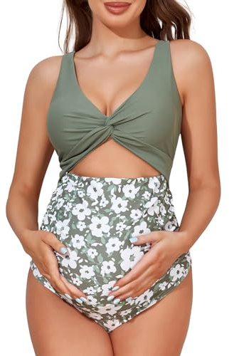 Summer Mae Maternity Cutout One Piece Swimsuit Twist Front Criss-Cross Bathing Suit High Waisted Pregnancy Swimwear Garden Veil Bliss Medium