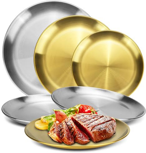 XINGYATU 6 Stück Runde Speiseteller, Teller-Set Aus Edelstahl, Silbernem Metall Leichte Speiseteller In 3 Größen, Wiederverwendbare Goldene Teller, Serviertablett Zum Camping, Picknick (20/23/ 26 cm)