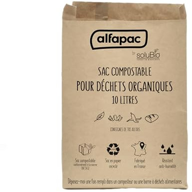 alfapac BY SOLUBIO - Sacchetti compostabili in carta kraft, sacchetti per rifiuti organici, carta kraft riciclata al 100%, anti umidità, fabbricazione francese, 10 x 10 L