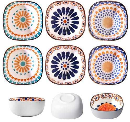 BORDEAG 6 Piezas Cuencos Aperitivos Cerámica, Cuencos para Salsas 200 ml, Estilo Bohemio Cuencos para Aperitivos Ketchup Habas de Soja Salsa de Soja Postres, Ø 9,4 cm