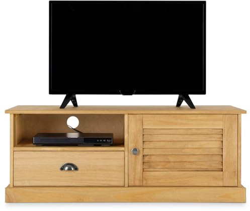 IDIMEX Meuble TV Veneta L 106 cm en Bois Massif Coloris Naturel avec 1 Porte battante et 1 tiroir, Rangement optimisé, Ouverture pour câbles, Design Robuste et élégant, Meuble de Salon Fonctionnel