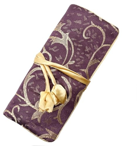 Vintage Travel Jewelry Bag Roll, Purple & Gold Jewelry Organizer Roll Foldable Jewelry Pouch for Traveling Rings & Necklaces & Earrings, Luxury Gift, with Zipper Pockets Inside (Plants, Purple)