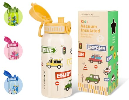 UZSPACE Botella Agua Acero Inoxidable para Niños 550ml, A Prueba de Fugas, Apertura de un Clic, Botella Agua Bebé Duradera, Cantimplora Infantil con Asa para Colegio, Niños y Niñas (Coche Amarillo)