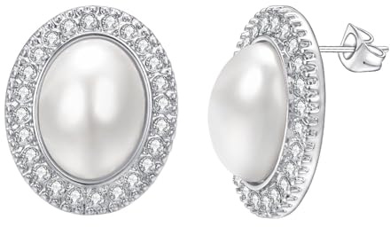 Aleasha Large Mabe Pearl Earrings for Women Rhinestone Silver Stud Earrings Retro Statement Wedding Party Prom Jewelry