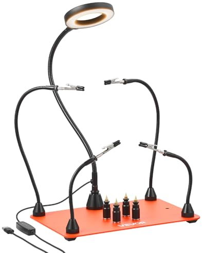 VEVOR Estación de Soldadura Magnética Tercera Mano con 4 Brazos Flexibles, Lupa LED 3X, Soporte a 4 Placas de Circuito Impreso y Base Resistente, para Reparaciones Electrónicas, 279 x 178 x 3 mm