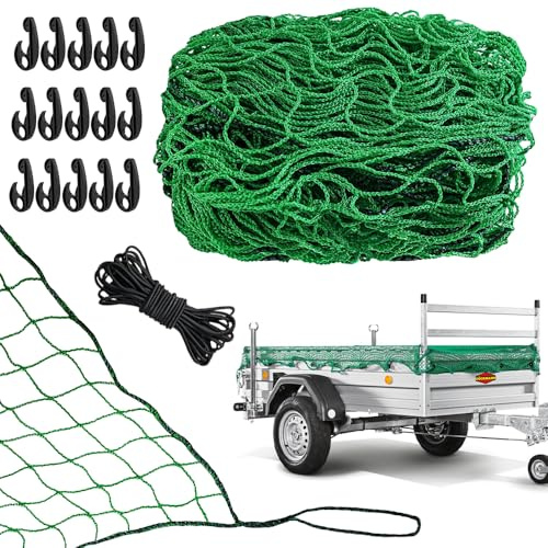 Aoreun Rete per rimorchio, 1,5 x 2,2 m, estensibile a maglia fine con 15 ganci e corda in gomma, rete di sicurezza del carico, dimensioni 4,5 x 4,5 cm, rete per un fissaggio ottimale del carico, verde