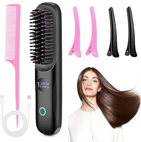 Go Brush Pro - Cordless Hair Straightener Brush Portable USB Rechargeable Heated Straightening Brush Mini Hot Comb for Hair Styling Fast Heating Smoothing Brush for Travel & Everyday Use - Black