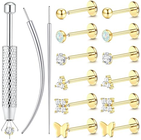 Chriscoco 6Pairs 18G Tragus Piercing Jewellery Gold 316L Surgical Steel Nose Stud Cartilage Tragus Earrings Hypoallergenic Flat Back Ear Piercings Medusa Labret Helix Piercing Jewellery