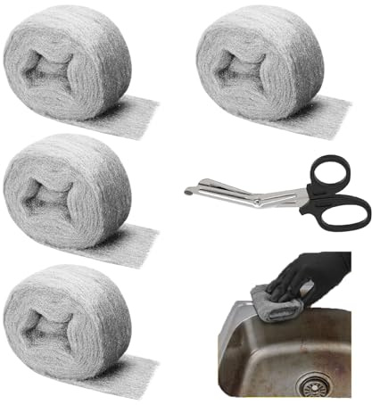 VZU Lot de 5 souris en laine d'acier avec ciseaux, 15 m de laine d'acier ultra fine 0000 pour bloquer les interstices des souris et des rongeurs, enlever la peinture, le vernis, la rouille (3 m