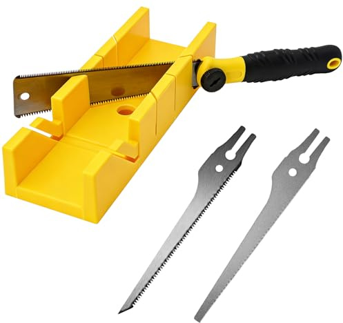 WYYFXY® Caja de ingletes amarilla con sierra japonesa, incluye 3 hojas de sierra intercambiables, plantilla de fermentación con sierra, caja de ingletes, sierra de mano para metal, madera, plástico