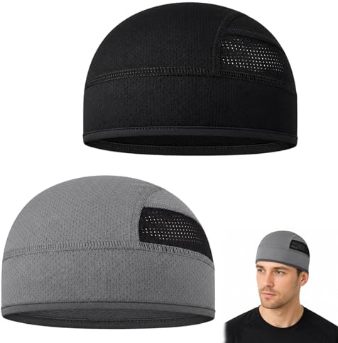 2 Pack Cooling Helmet Liner Cap, Breathable Mesh Sweat Wicking Running and Cycling Cap Under Helmet, Quick Dry Lightweight Beanie for Motorcycle, Sports, Gym and Outdoor Activities, Black & Grey