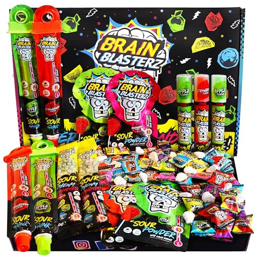 Brain Blasterz bonbons acidulés en gros – Bonbons à offrir – 27 pièces avec sucettes, bonbons à mâcher & bonbons qui piquent – Halal & Vegan – Pour Halloween, cadeau d’anniversaire & plus encore
