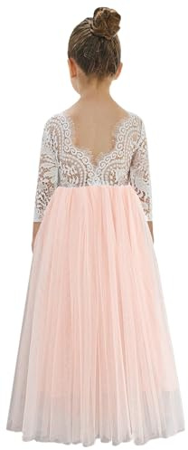 2Bunnies Girl Peony Lace Back A-Line Straight Tutu Tulle Party Flower Girl Dress (Pink Sleeve Maxi, 7/8)