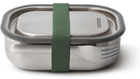 BLACK + BLUM Lunchbox Edelstahl 600 ml | Olive | 3-in-1 | Vakuumverschluss- 100% auslaufsicher | inkl. Göffel, Silikonband & Innenteiler | Ofen-& Gefriergeeignet | 20x14x6 cm | Brotdose mit Fächern
