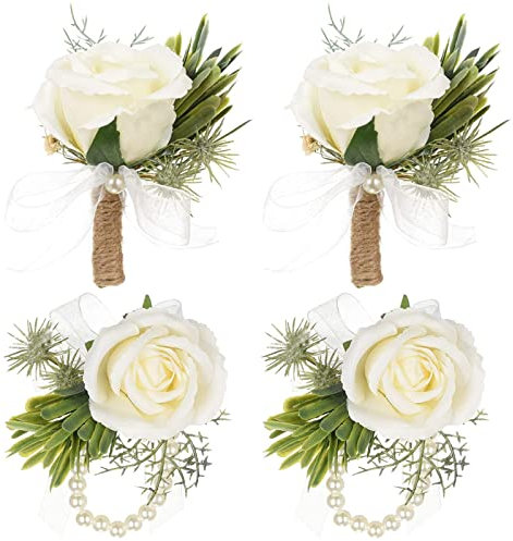 Guador Boutonniere Hochzeit, 2 Set Rose Gästeanstecker Rose Handgelenk Corsage Boutonnieres Künstliche Hochzeit Zubehör für Bräutigam Braut Brautjungfer Gäste Herren Damen Tanzparty
