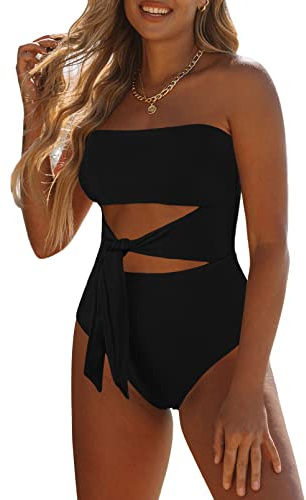 Viottiset Women's Bandeau One Piece Swimsuit Strapless Tie High Cut Out Bathing Suit Black X-Large