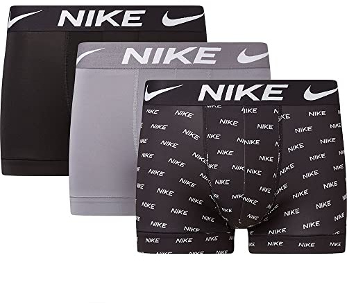 Nike Underwear Uomo Logo Print Trunks Pacco da 3 – Stampa Moderna su Tutta la Superficie, Elastico, vestibilità Comoda, Nike Logo Print/Cool Grey/Black, L