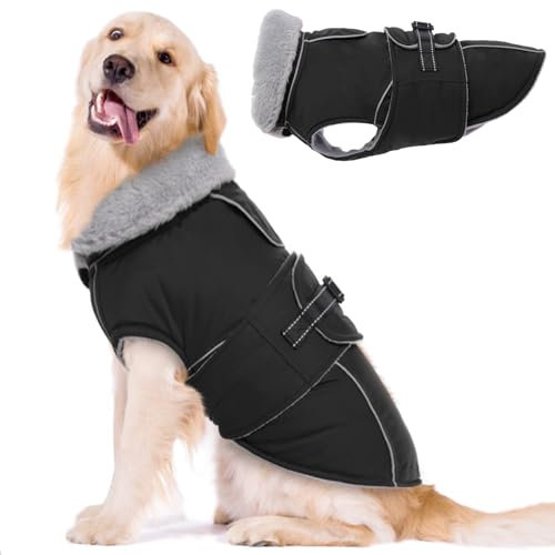 Lelepet Hundemantel Winterweste Reflektierende Fleece Hundejacke für Große Hunde Wasserdicht Hundejacke Wintermantel Warme Winterjacke mit Verstellbarer Schnalle, Schwarz 2XL